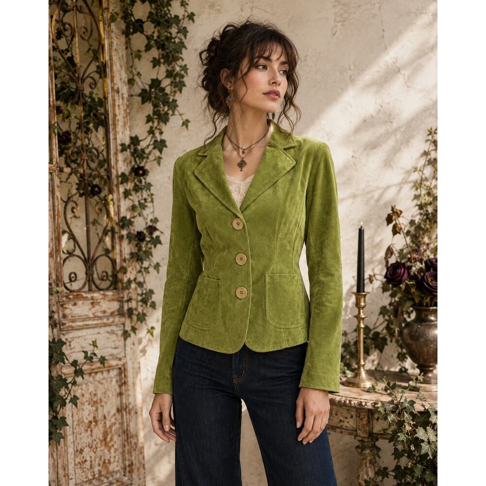 Bandolera Suede Jacket Womens 10 Green Fitted Blazer Button Front Y2K Boho - Picture 3 of 12